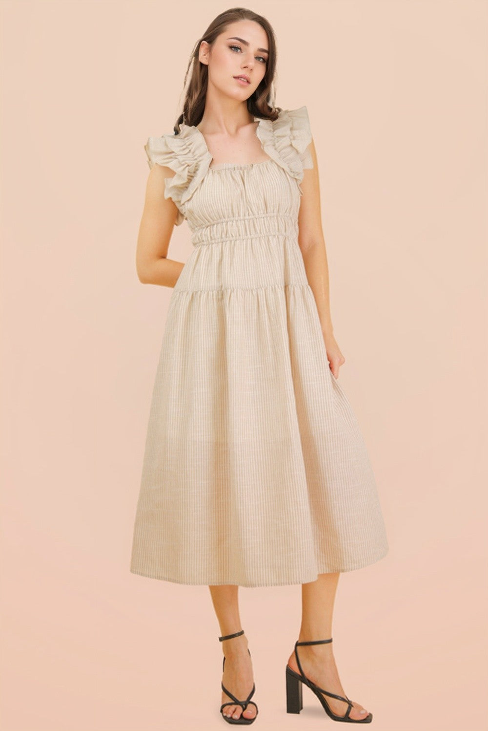 Shoulder Ruffle Detail Stripe Midi Dress