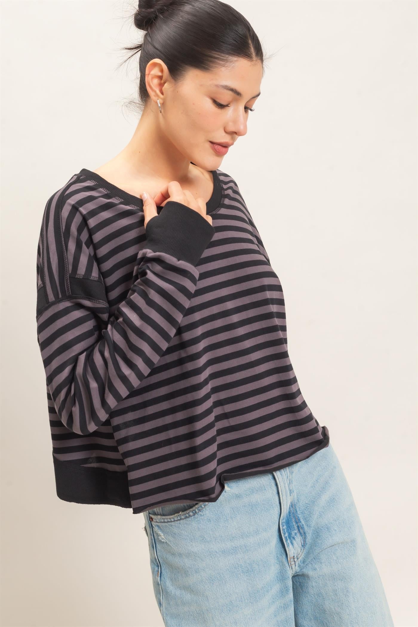 Keyhole Striped Long Sleeve Top