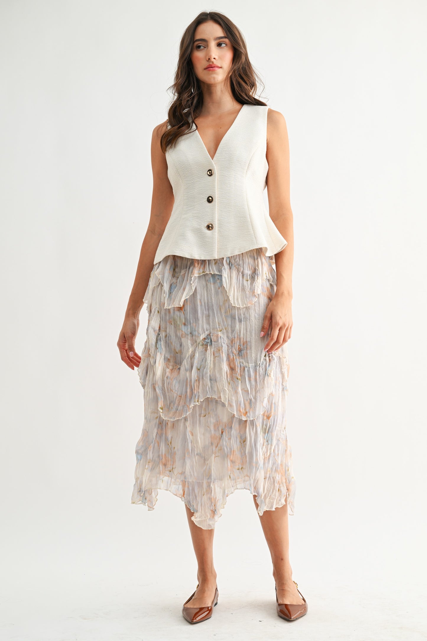 Layered Midi Skirt With Watercolor Floral Print