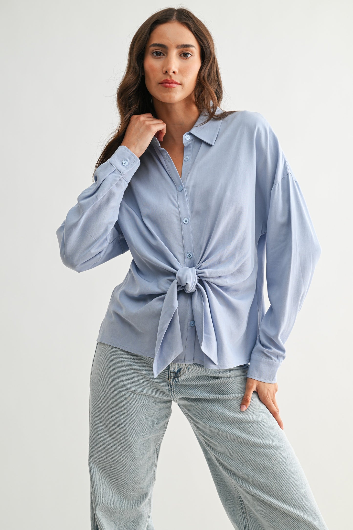 Button-up Blouse With Front Tie