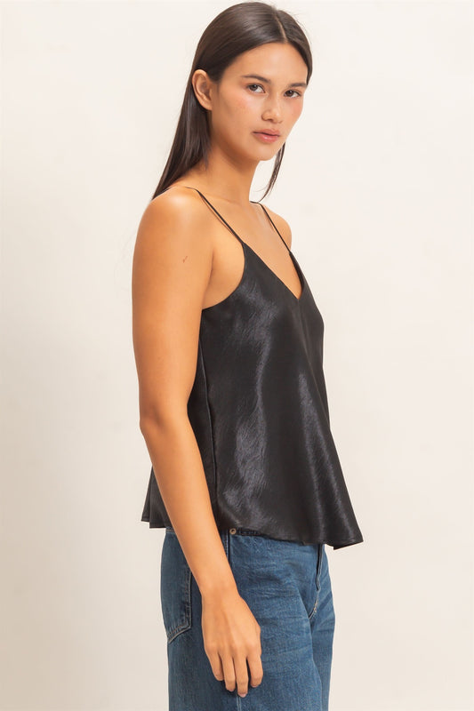 V-neck Satin Cami Top-Black